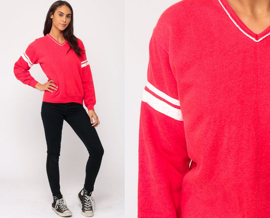 80s Red Striped V-Neck Sweatshirt Long Sleeve Pullover Small Medium