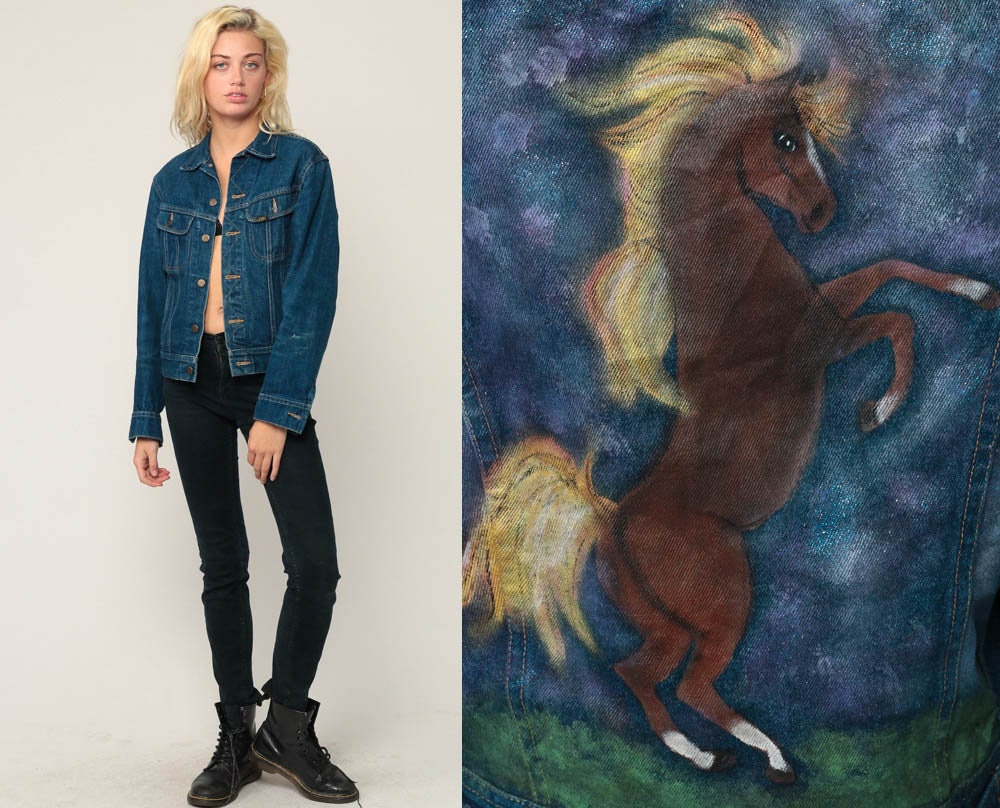 80s Lee Denim Jacket Hand Painted Horse Blue Stone Wash Small