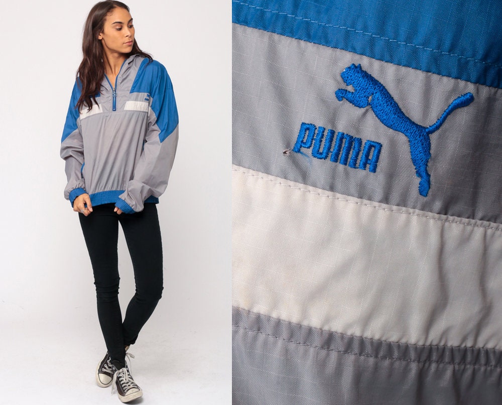 Puma 80s Windbreaker Jacket Half Zip Hooded Grey Blue Stripe Small