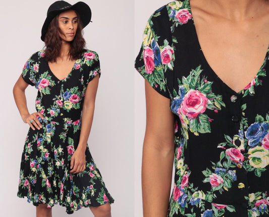 90s Black Floral Rayon Mini Dress Drop Waist Button Front Medium
