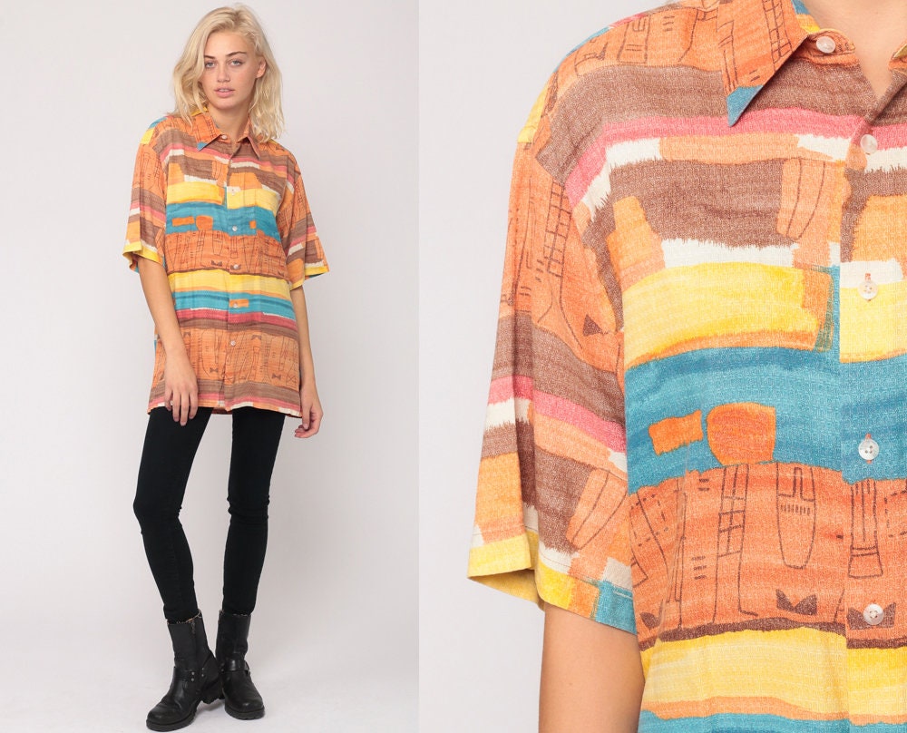90s Tropical Striped Button-Up Shirt Orange Resort Unisex Medium Large