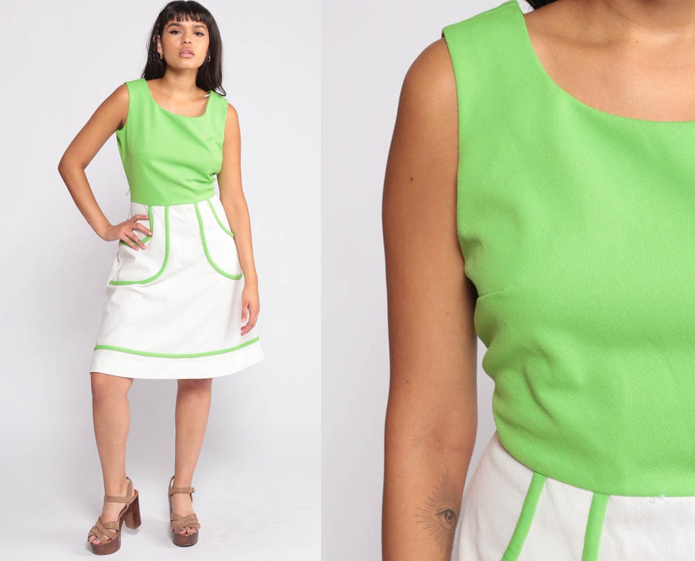 70s Mod Mini Dress Colorblock Lime Green White High Waist Pockets Medium