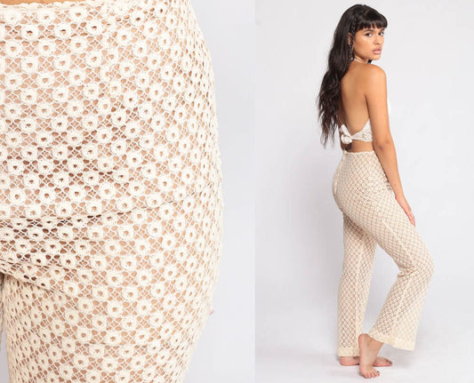 70s Cream Lace Cutout Bell Bottom Pants High Waisted Small Medium