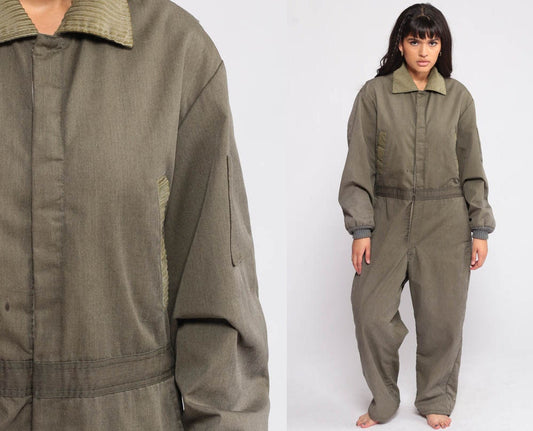 80s Sears Insulated Coveralls Jumpsuit Olive Green Zip Front Lined Medium Large