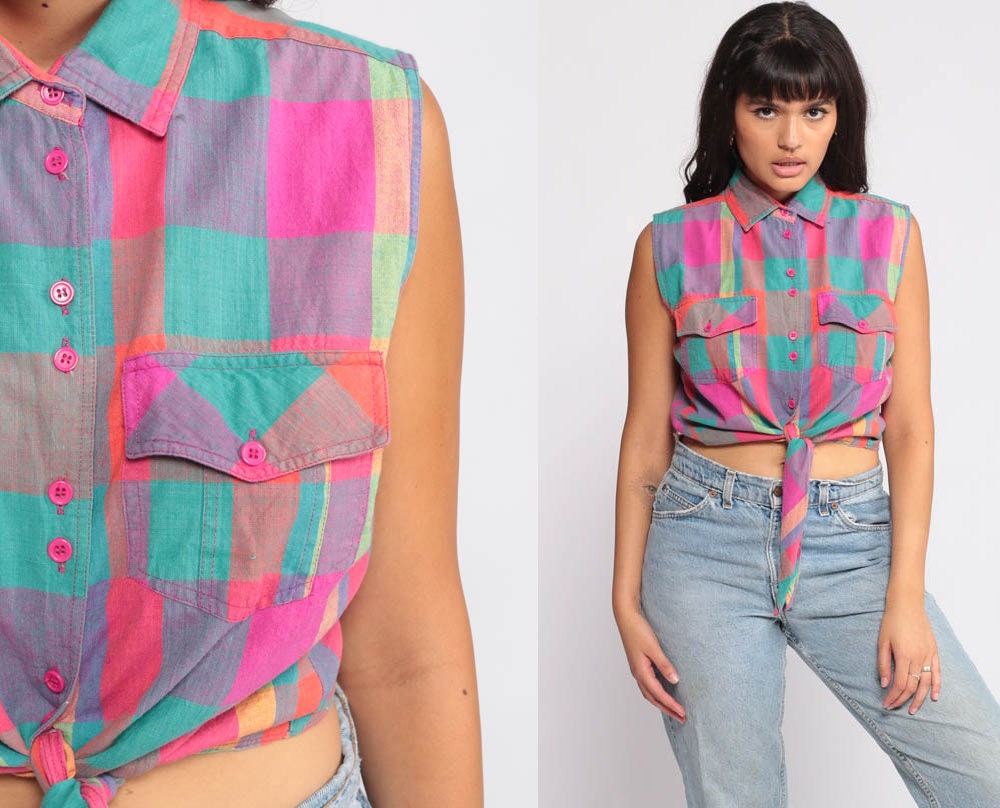 90s Plaid Crop Blouse Sleeveless Button-Up Tie Waist Pink Turquoise Medium