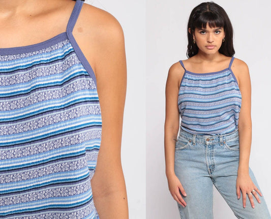 90s Floral Striped Tank Top Spaghetti Strap Camisole Blue Large