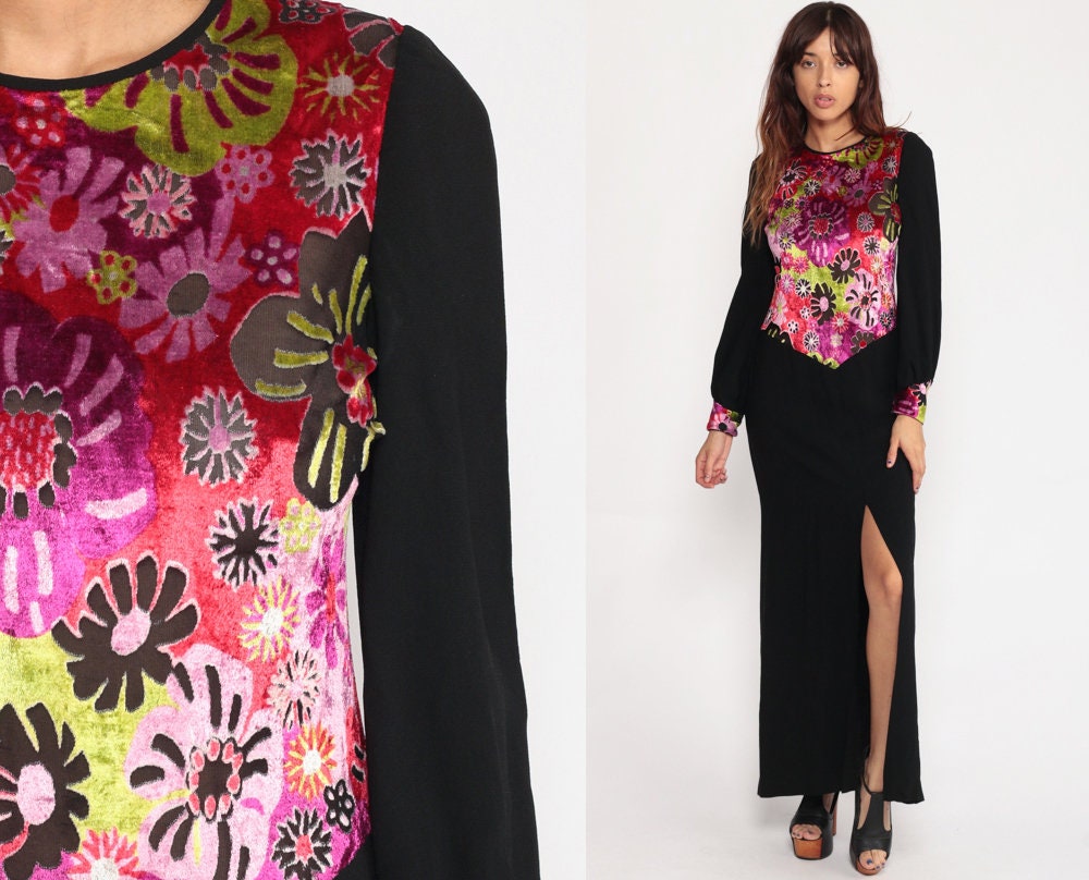 70s Velvet Burnout Floral Maxi Dress High Slit Long Sleeve Black Purple Medium