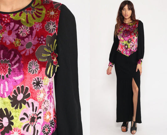 70s Velvet Burnout Floral Maxi Dress High Slit Long Sleeve Black Purple Medium