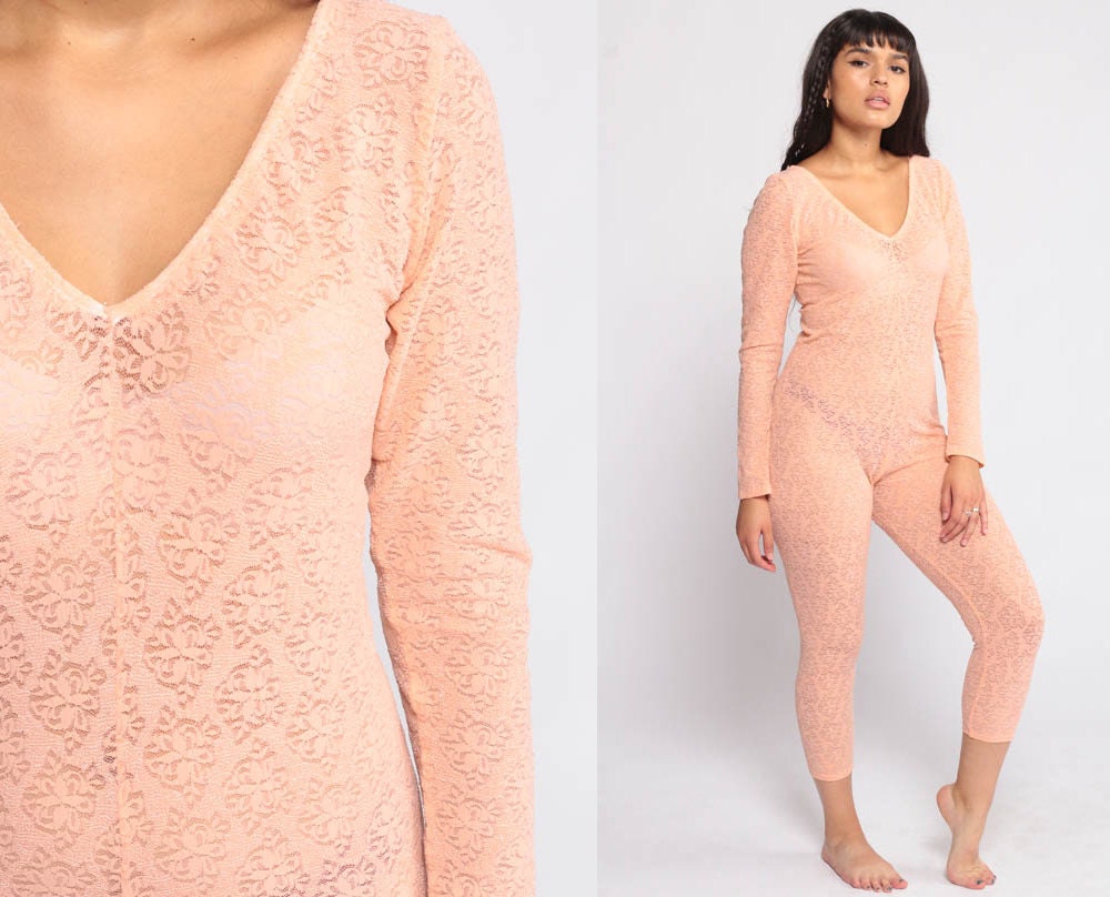 90s Peach Lace Jumpsuit Long Sleeve Sheer Bodysuit Petite Medium