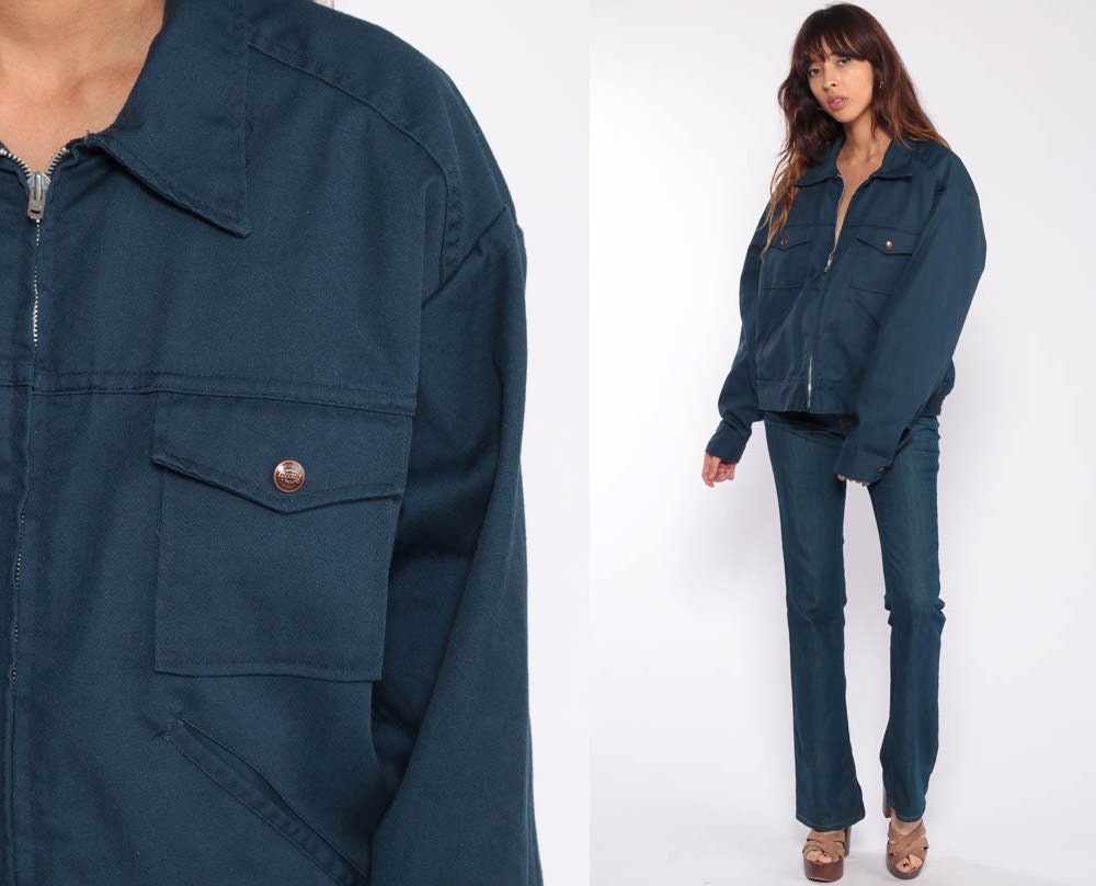 80s Dickies Navy Zip-Up Jacket Fuzzy Red Lining Workwear Extra Large XL