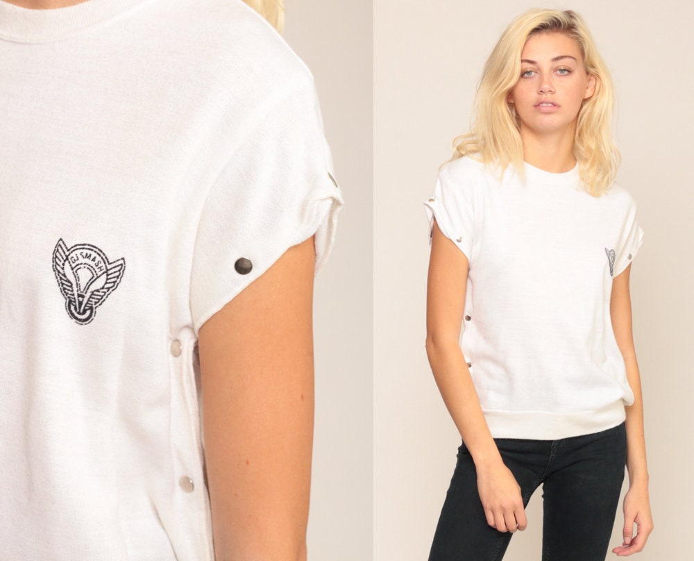 80s DJ Smash White Cap Sleeve Blouse Nautical Graphic Snap Side Medium