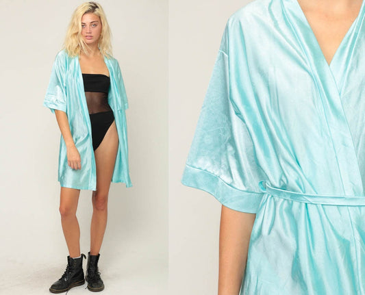 70s 80s Blue Floral Kimono Robe Mini Wrap Dressing Gown Small