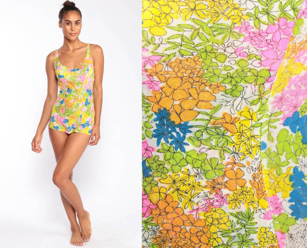70s Rose Marie Reid Floral One-Piece Swimsuit Skirted Low Back Small Medium