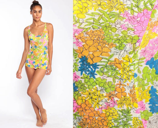 70s Rose Marie Reid Floral One-Piece Swimsuit Skirted Low Back Small Medium