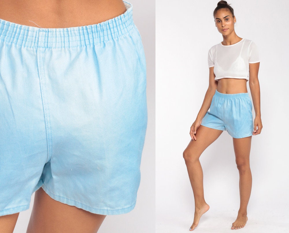 80s Baby Blue Running Shorts High Waist Elastic Denim Small Medium