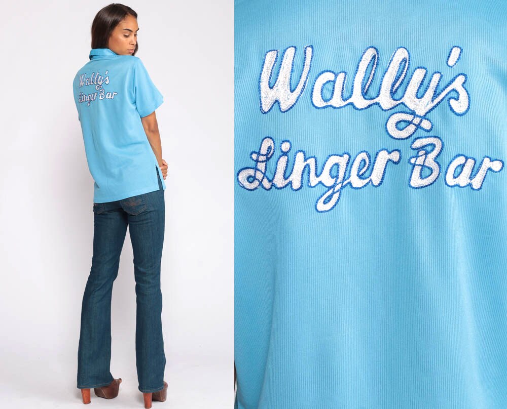 70s Wally's Linger Bar Uniform Shirt Baby Blue Button Up Medium Large