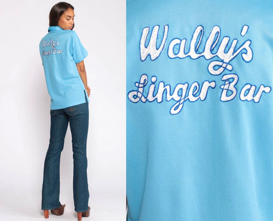70s Wally's Linger Bar Uniform Shirt Baby Blue Button Up Medium Large