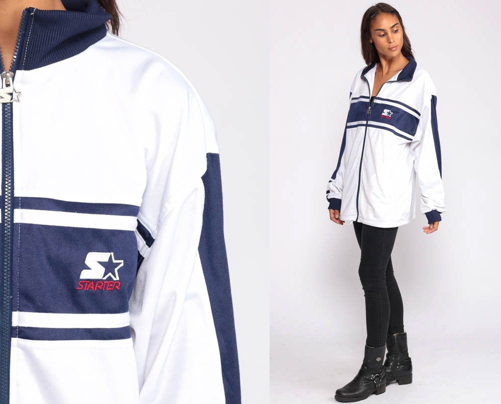 90s Starter Track Jacket White Blue Striped Zip-Up Medium Large