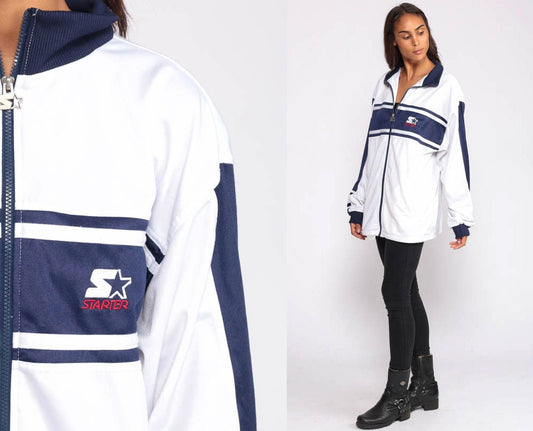 90s Starter Track Jacket White Blue Striped Zip-Up Medium Large