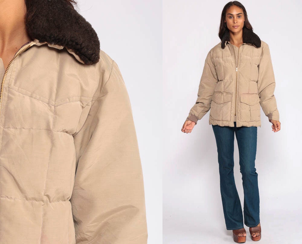 70s 80s Tan Down Puffer Jacket Sherpa Collar Ski Coat Medium Large