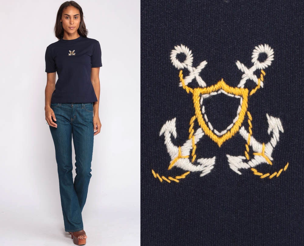 70s Nautical Anchor Print T-Shirt Navy Short Sleeve Vintage Tee Small