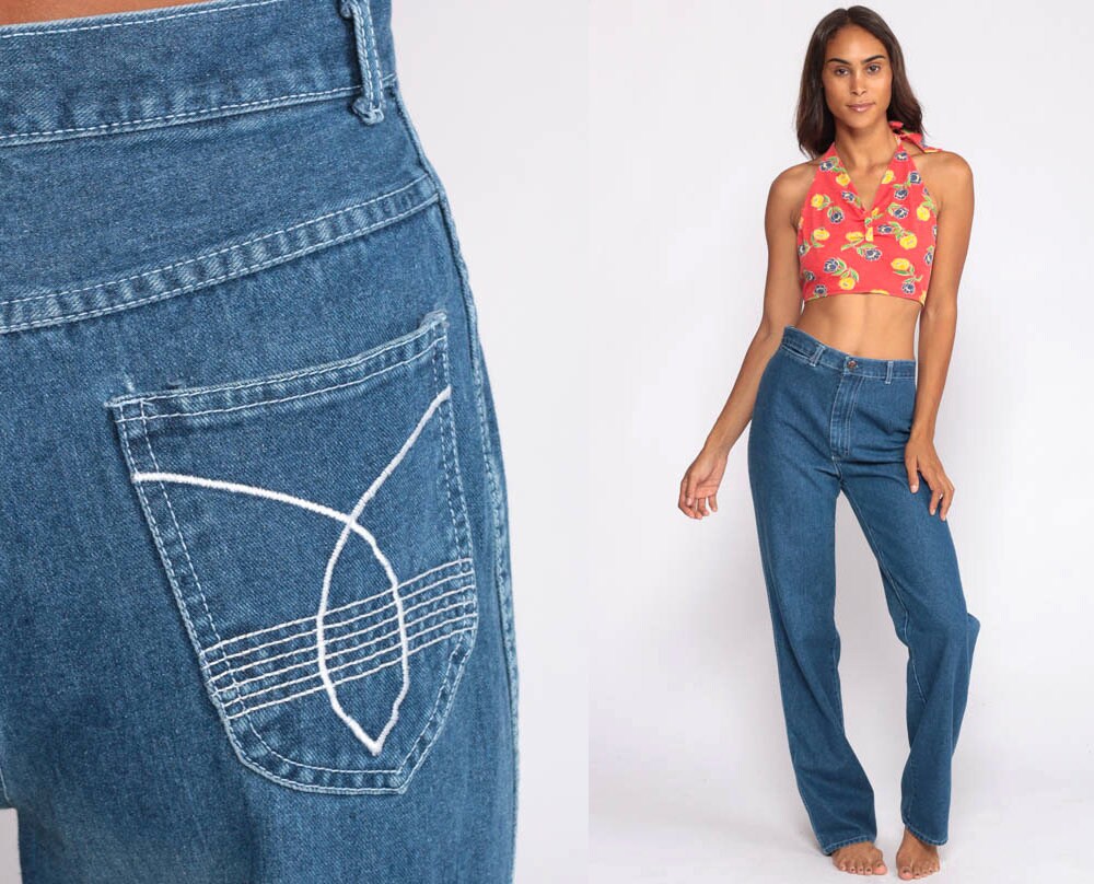 70s High Waisted Wide Leg Blue Denim Jeans Straight Leg Extra Small