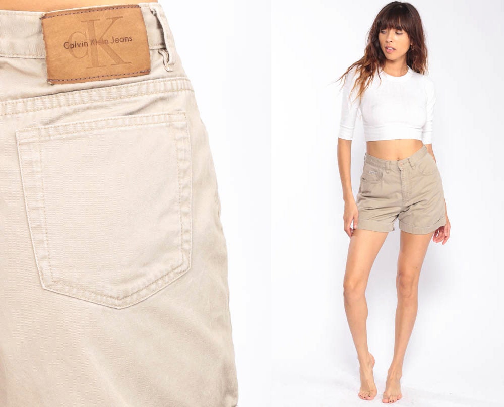 Calvin Klein Khaki Denim Shorts High Waisted Cuffed 90s Extra Small