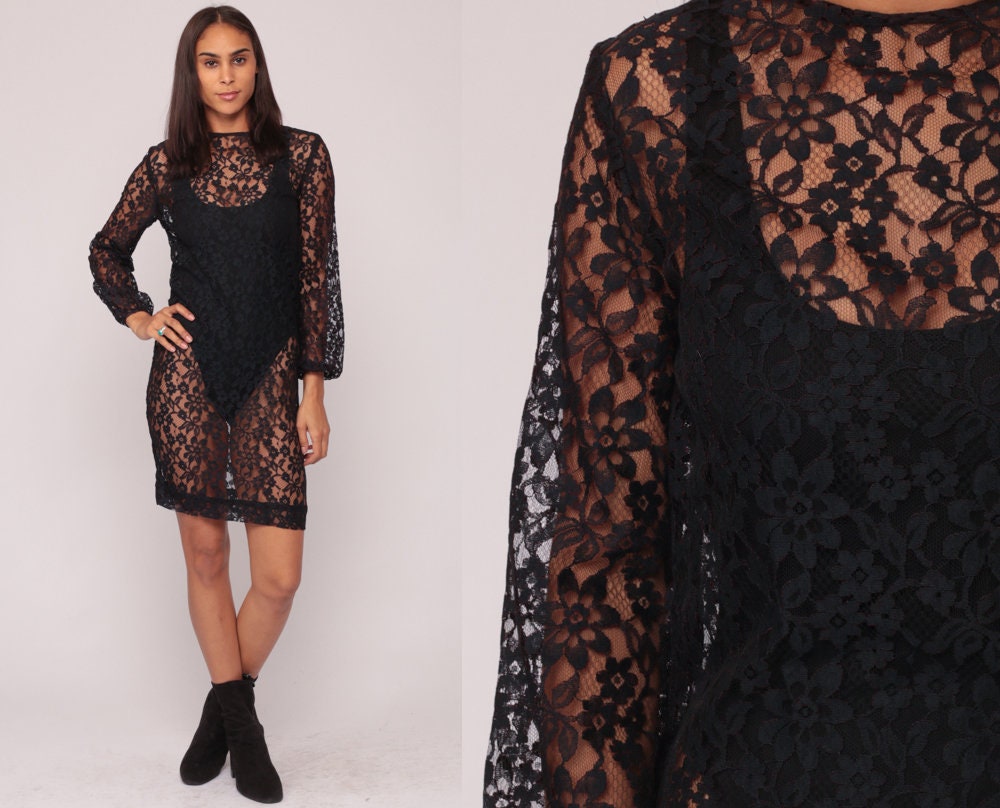 80s Black Lace Mini Dress Long Sleeve Shift Sheer Medium