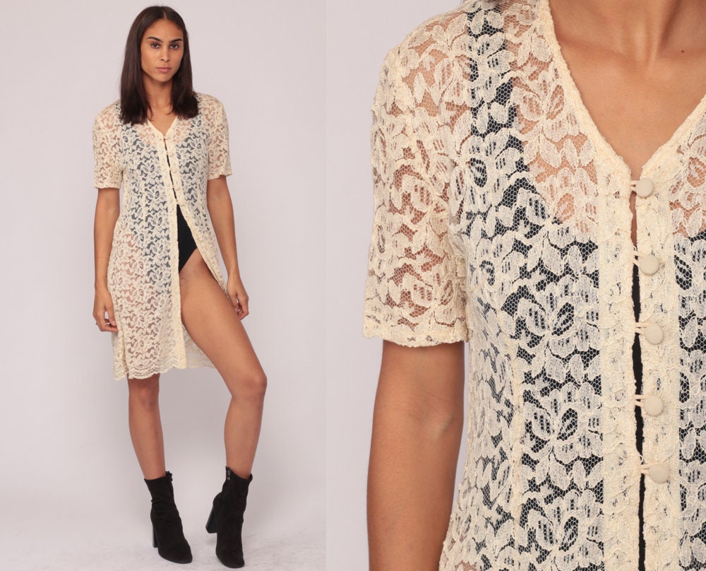 80s Cream Lace Jacket Scalloped Hem Sheer Button-Up Kimono Small
