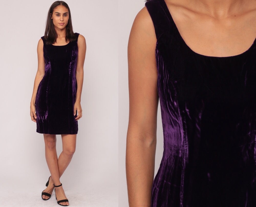 80s Purple Velvet Mini Dress Sleeveless Scoop Neck Low Back Small