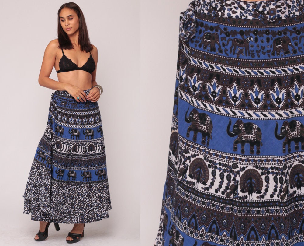 90s Wrap Maxi Skirt Elephant Horse Peacock Print Blue Cotton Small Medium Large