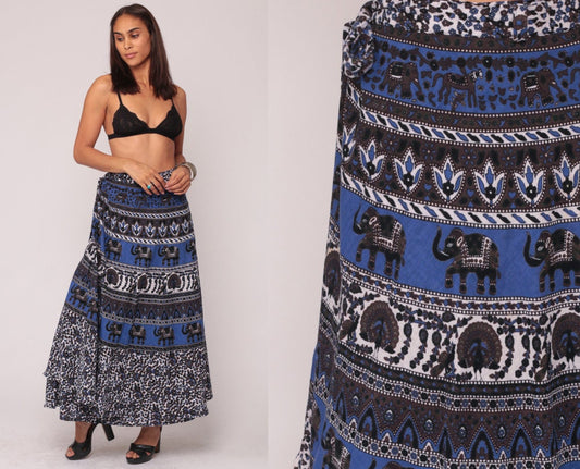 90s Wrap Maxi Skirt Elephant Horse Peacock Print Blue Cotton Small Medium Large
