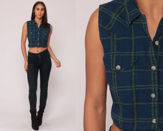 90s Blue Plaid Flannel Sleeveless Shirt Keyhole Backless Button Up Large