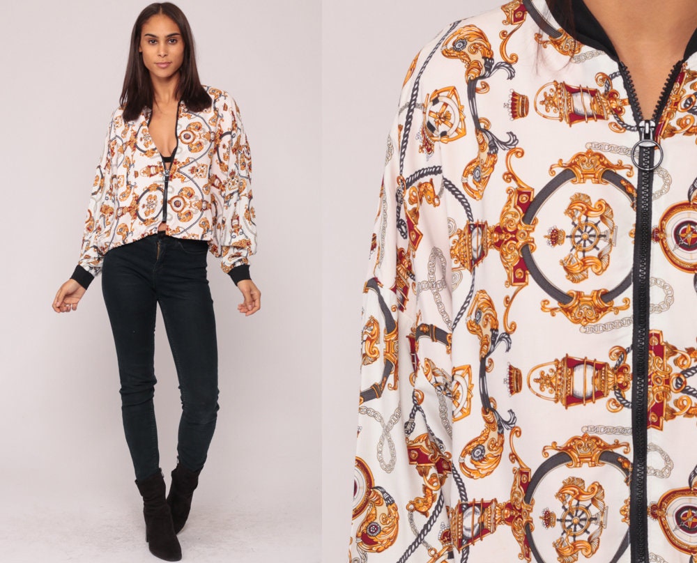 90s Windbreaker Jacket Baroque Crown Print Nautical White Small