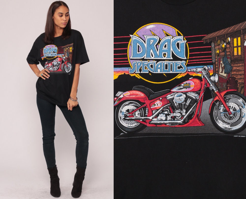 90s Drag Specialties Motorcycle Graphic T-Shirt Black Biker Unisex Large