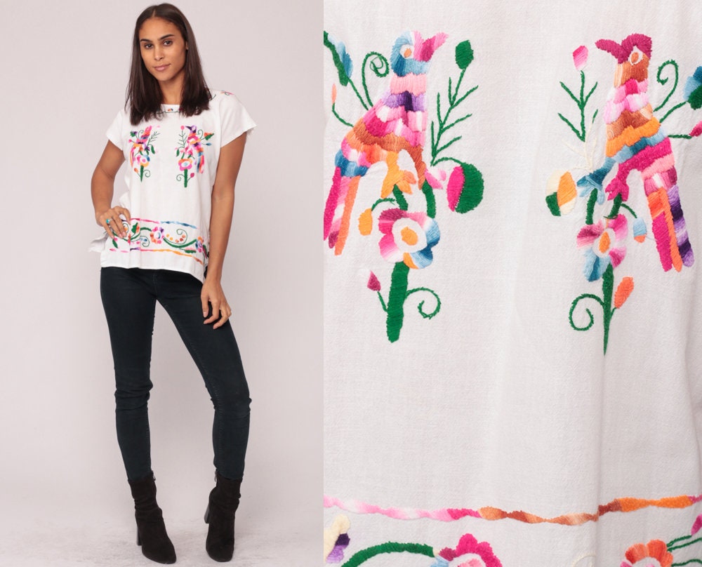 80s Mexican Embroidered Cotton Blouse White Bird Floral Tunic Medium Large