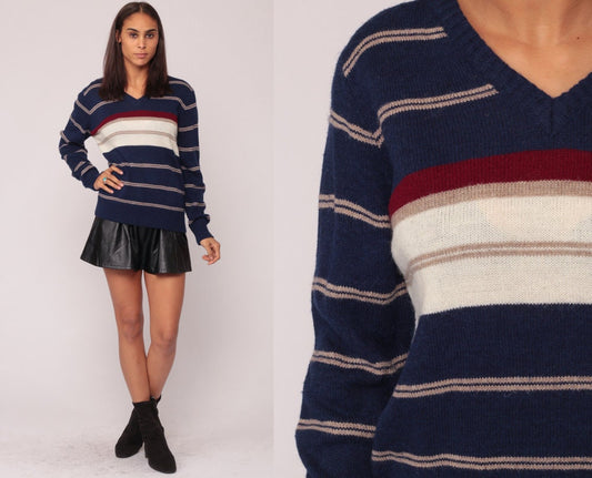 80s Striped V-Neck Sweater Navy Blue Red White Knit Pullover Medium