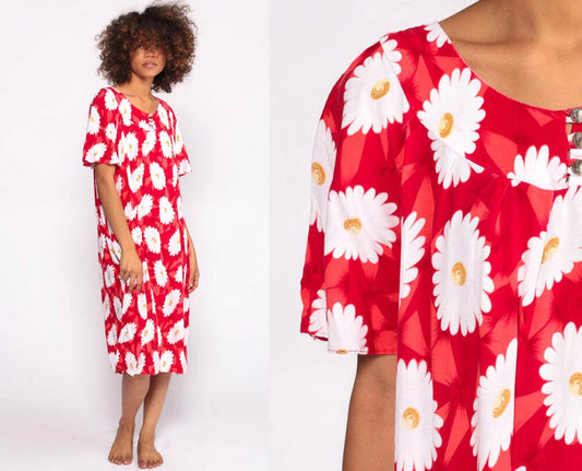 90s Red Floral Midi Dress Rayon Trapeze Shirt Dress White Print Small