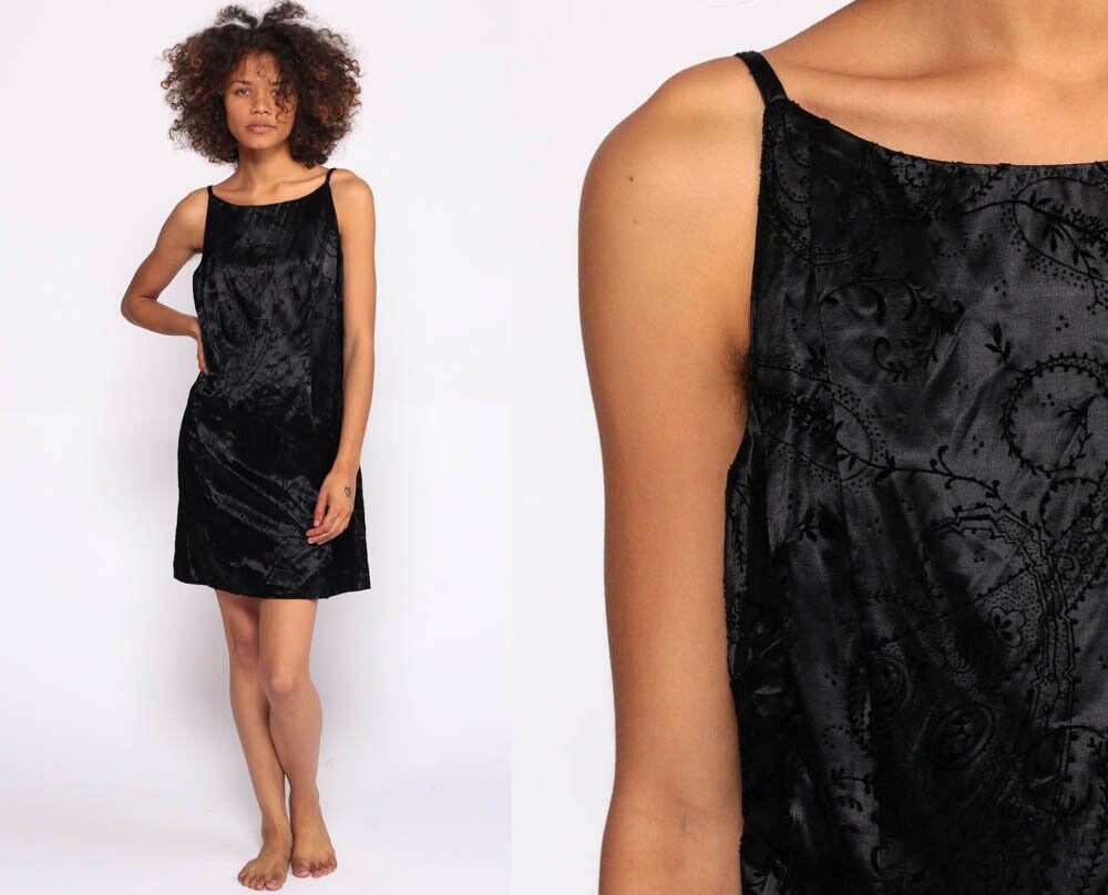 90s Black Satin Mini Dress Paisley Flocked Velvet Sleeveless Shift Small