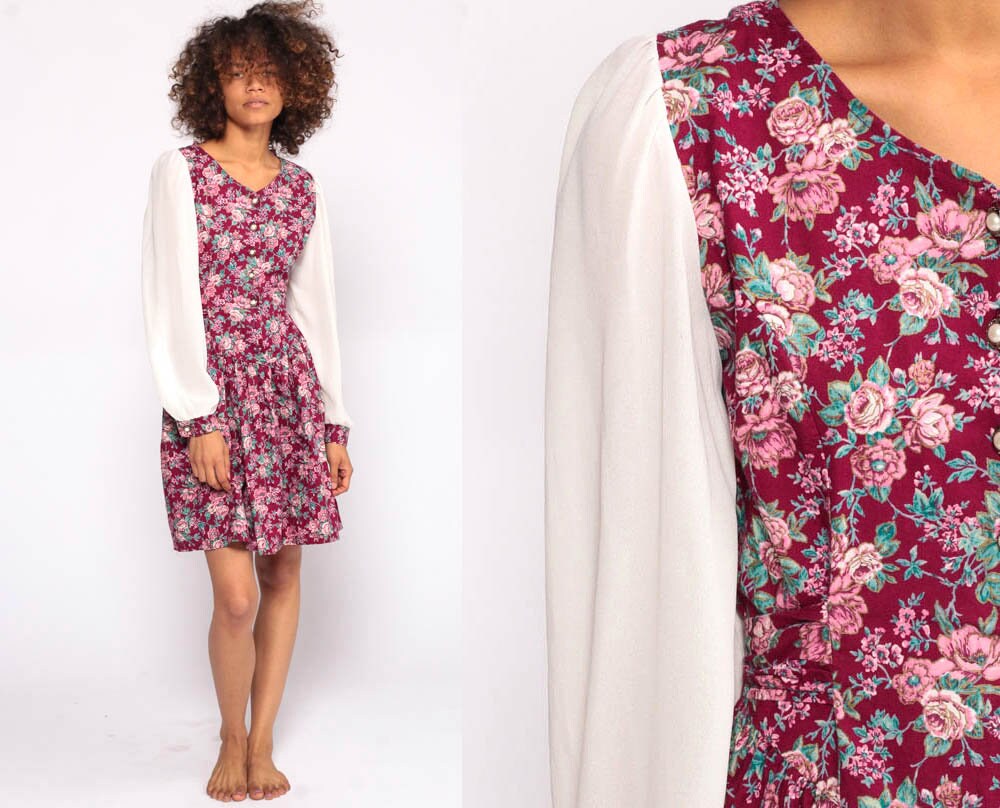 80s Floral Mini Dress Puff Sleeve Button-Up White Pink Small