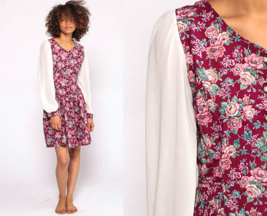 80s Floral Mini Dress Puff Sleeve Button-Up White Pink Small