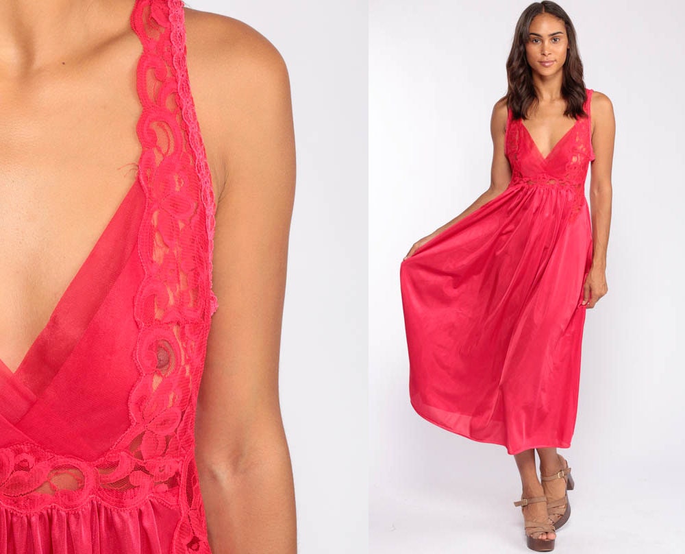 80s Red Lace Nightgown Midi Slip Dress Empire Waist Medium