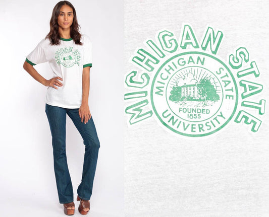 80s Michigan State University Ringer Tee Graphic Print Burnout Large