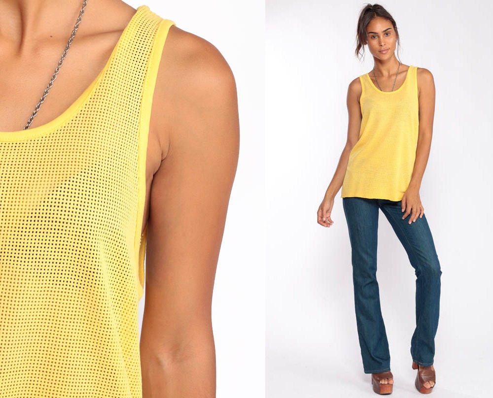 80s Yellow Mesh Tank Top Sheer Sleeveless Jersey Unisex Large