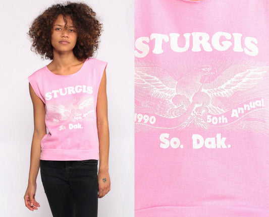 1990 Sturgis Biker Tank Top Pink Eagle Motorcycle Rally Extra Small