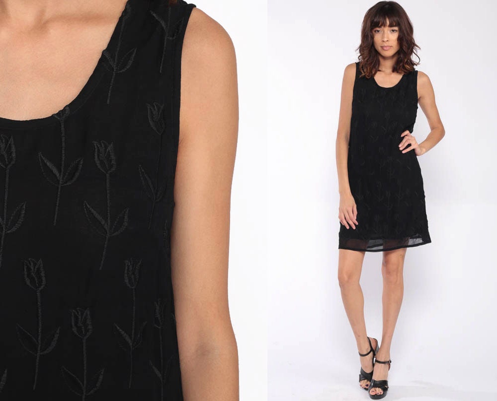 90s Black Floral Embroidered Viscose Mini Shift Dress Sleeveless Small