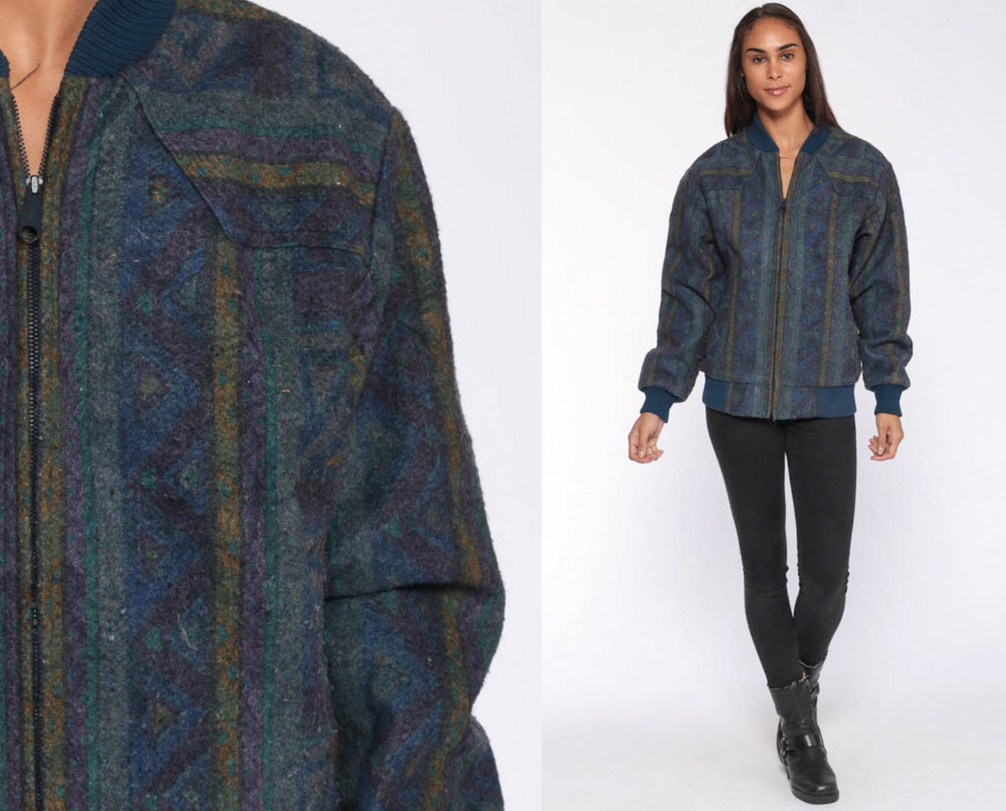 80s Southwestern Tribal Print Blue Bomber Jacket Unisex Medium Large
