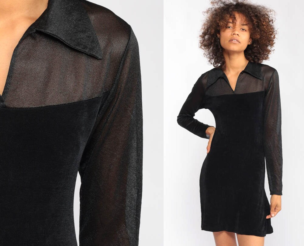 90s Black Mini Dress Sheer Sleeve Sheath Cocktail Extra Small XS