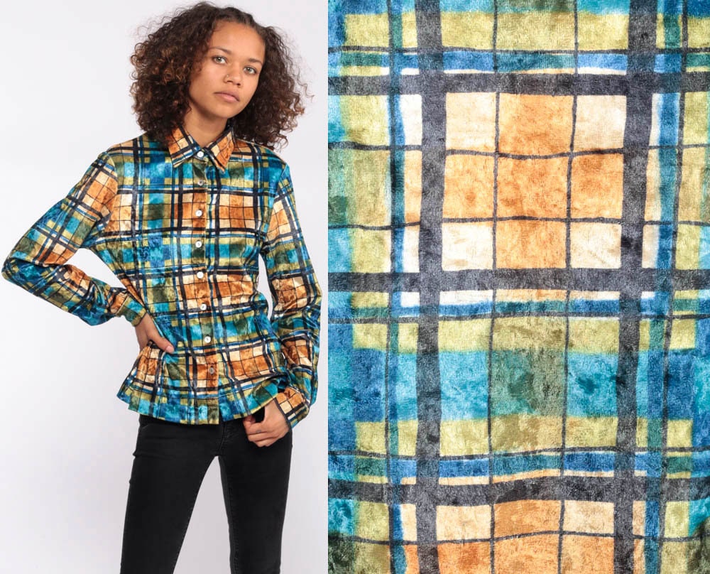 90s Plaid Velvet Button-Up Blouse Blue Long Sleeve Small
