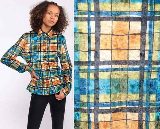 90s Plaid Velvet Button-Up Blouse Blue Long Sleeve Small